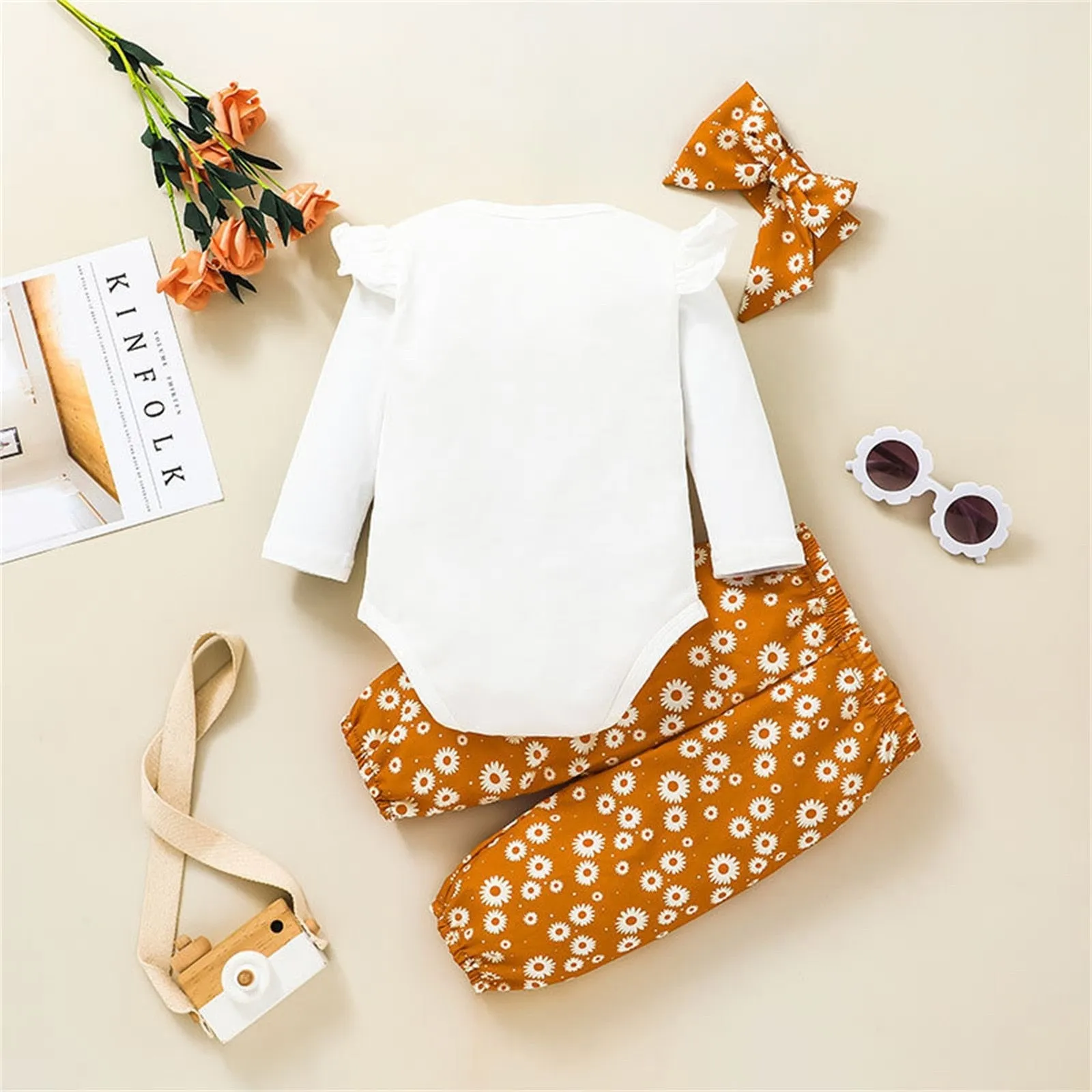 3PCS Newborn Infant girl Fall/Winter Romper Tops  Floral Pants Bowknot Headband Outfits