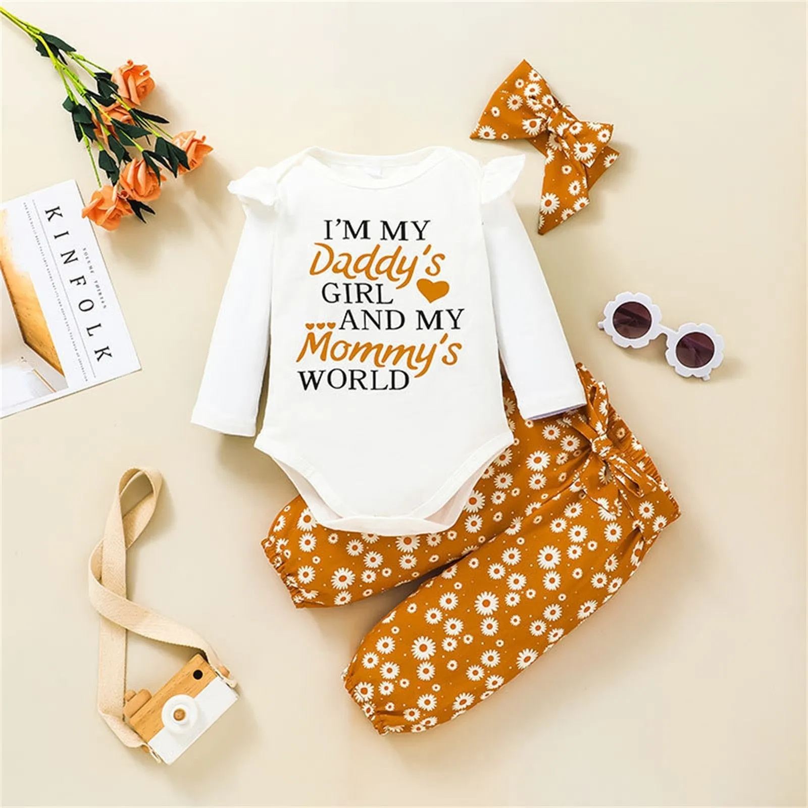 3PCS Newborn Infant girl Fall/Winter Romper Tops  Floral Pants Bowknot Headband Outfits