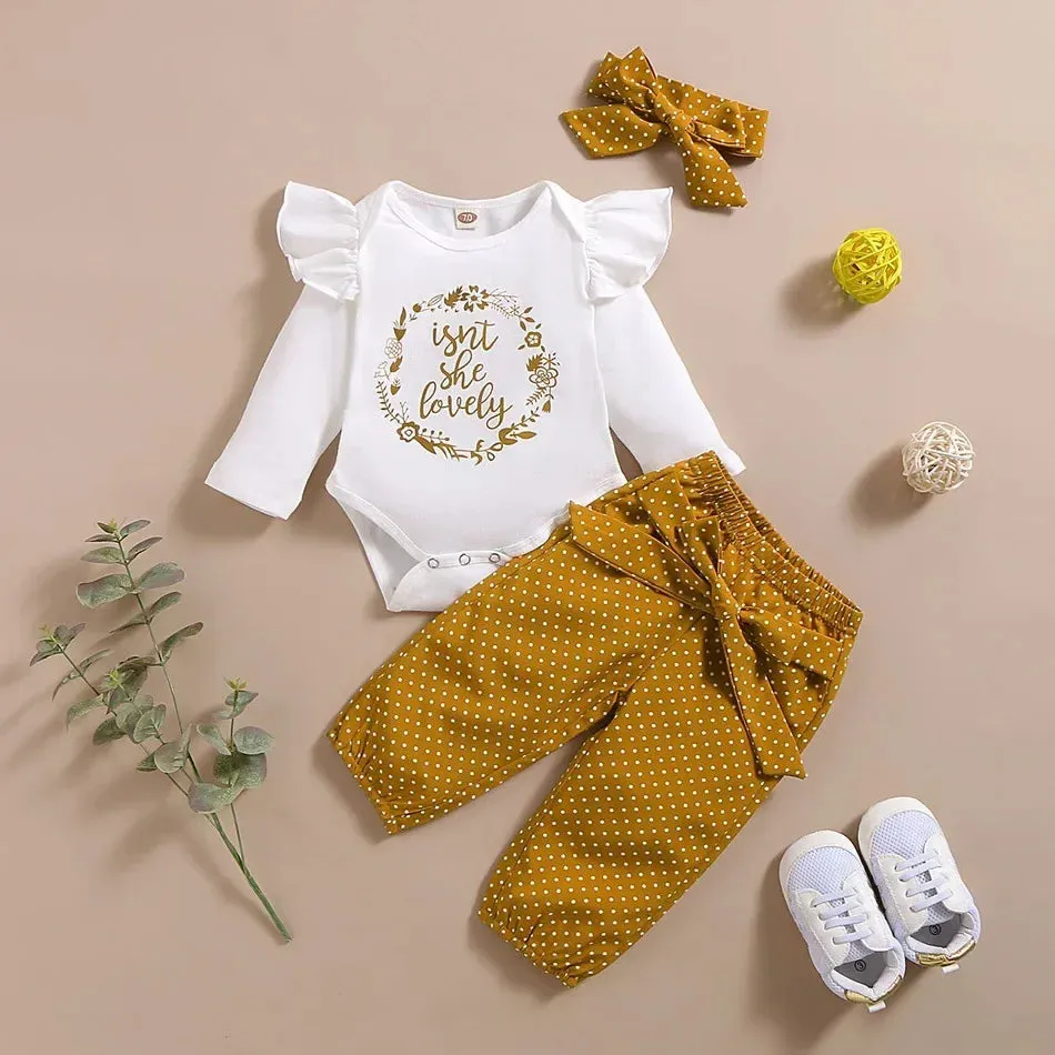 3PCS Set Newborn Baby Girls Clothing Set Tracksuit Romper Jumpsuit Tops Dot Print Pants Headband Outfits Clothes Set Summer Fall