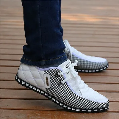 Amozae- Men PU Leather Shoes Men's Casual Shoes Breathable Light Weight White Sneakers Driving Shoes Pointed Toe Business Men Shoes