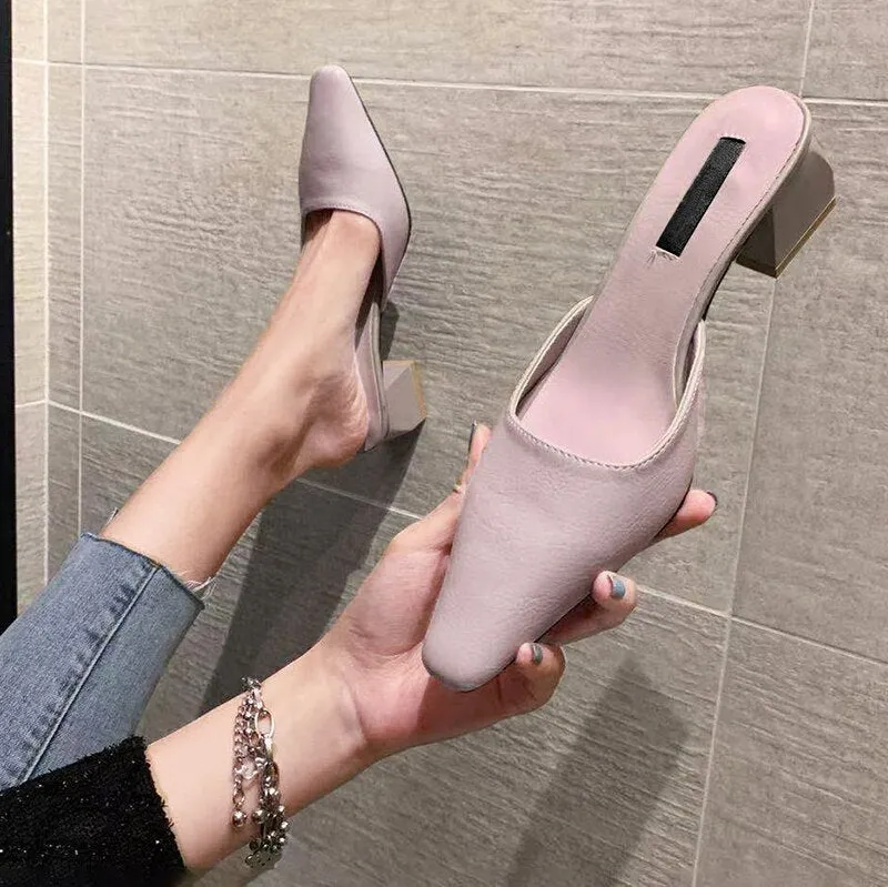 Amozae-Women Sandals INS Fashion Low Heels Mules Shoes Slip-On Elegant Causal Summer Female Mules Slippers