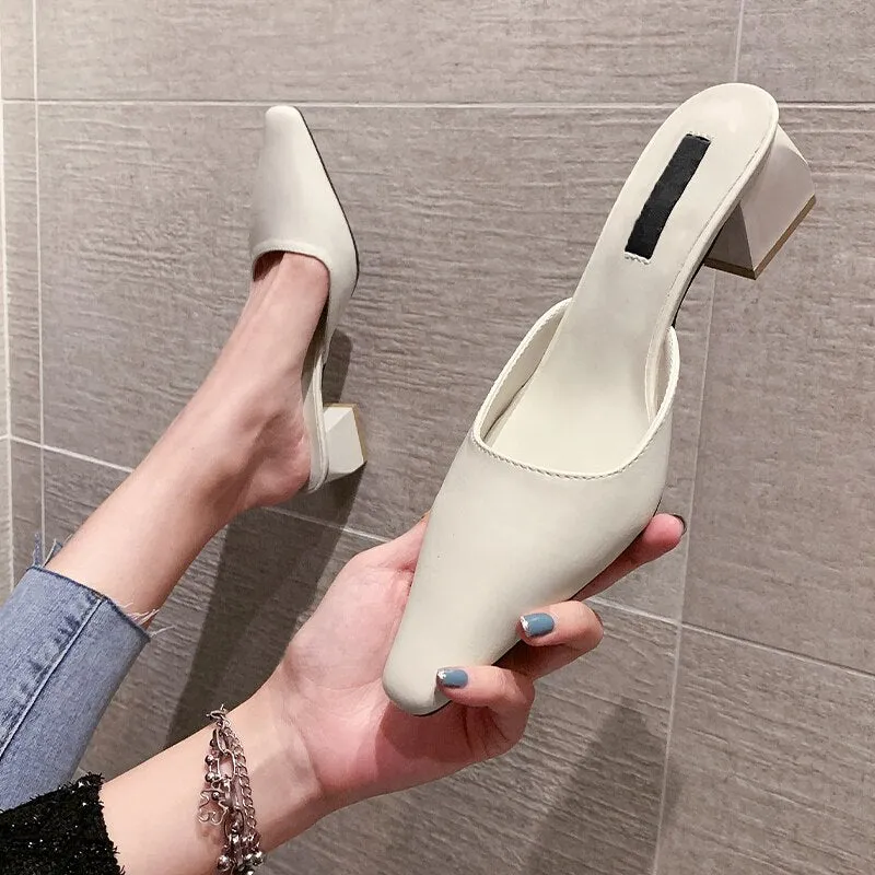 Amozae-Women Sandals INS Fashion Low Heels Mules Shoes Slip-On Elegant Causal Summer Female Mules Slippers