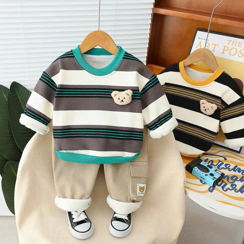 Autumn Winter Children Clothing Sets Toddler Baby Boys Stripe Sweatshirt Pants Warm Plush Kids Tracksuit Infant Clothes Outfits