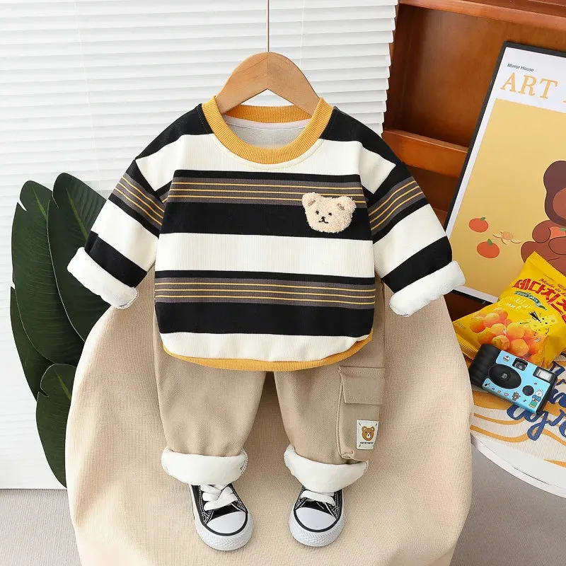 Autumn Winter Children Clothing Sets Toddler Baby Boys Stripe Sweatshirt Pants Warm Plush Kids Tracksuit Infant Clothes Outfits