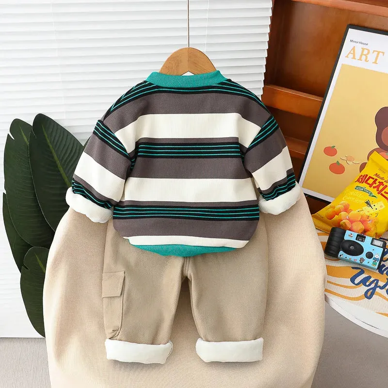 Autumn Winter Children Clothing Sets Toddler Baby Boys Stripe Sweatshirt Pants Warm Plush Kids Tracksuit Infant Clothes Outfits