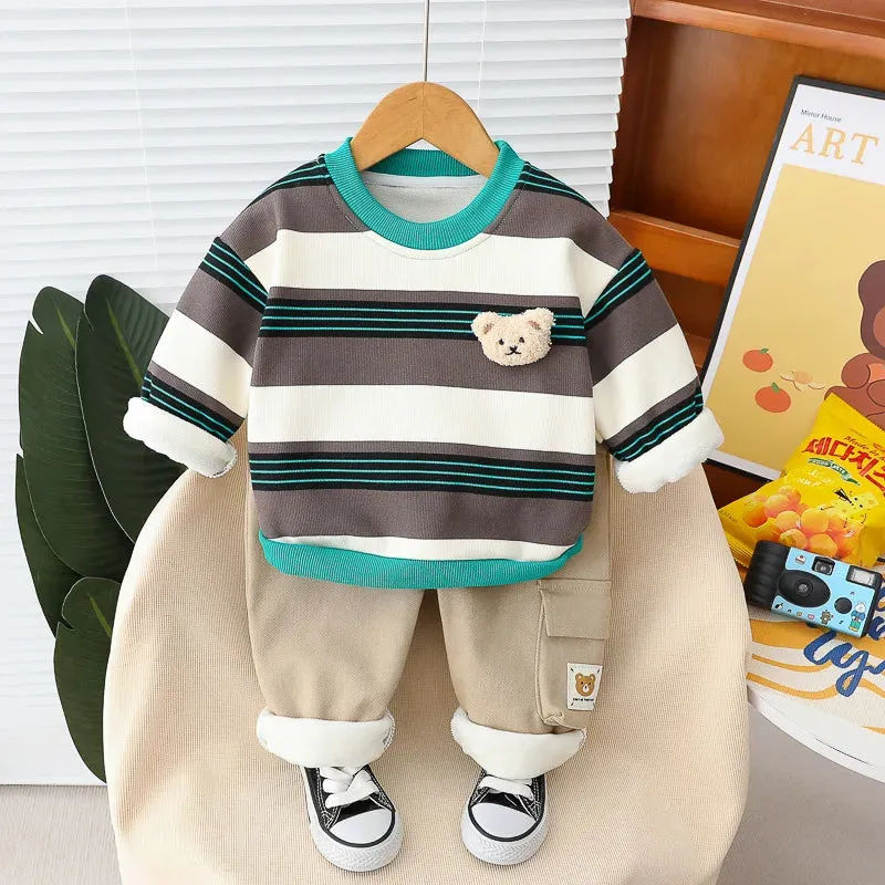 Autumn Winter Children Clothing Sets Toddler Baby Boys Stripe Sweatshirt Pants Warm Plush Kids Tracksuit Infant Clothes Outfits