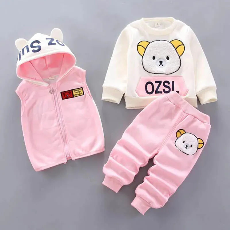 Baby Boys And Girls Clothing Set Tricken Fleece Children Hooded Outerwear Tops Pants 3PCS Outfits Kids Toddler Warm Costume Suit