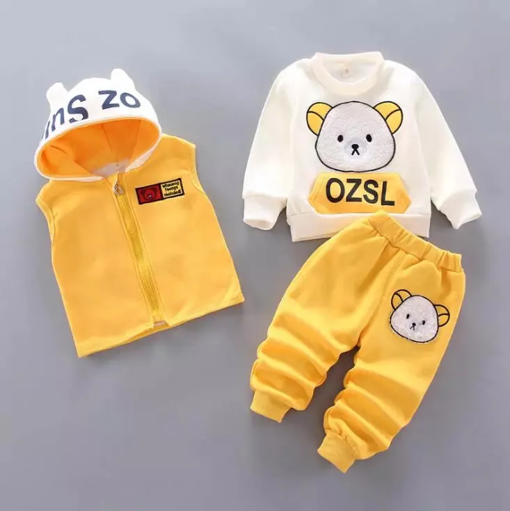 Baby Boys And Girls Clothing Set Tricken Fleece Children Hooded Outerwear Tops Pants 3PCS Outfits Kids Toddler Warm Costume Suit