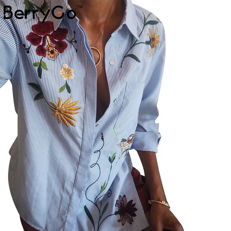 BerryGo Chic floral embroidered women blouses Winter long sleeve striped shirt women tops 2016 Casual bird pattern chemise femme