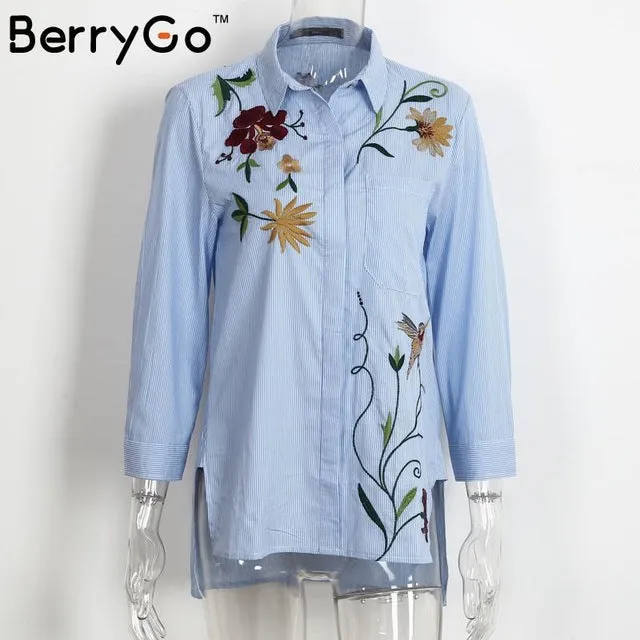 BerryGo Chic floral embroidered women blouses Winter long sleeve striped shirt women tops 2016 Casual bird pattern chemise femme