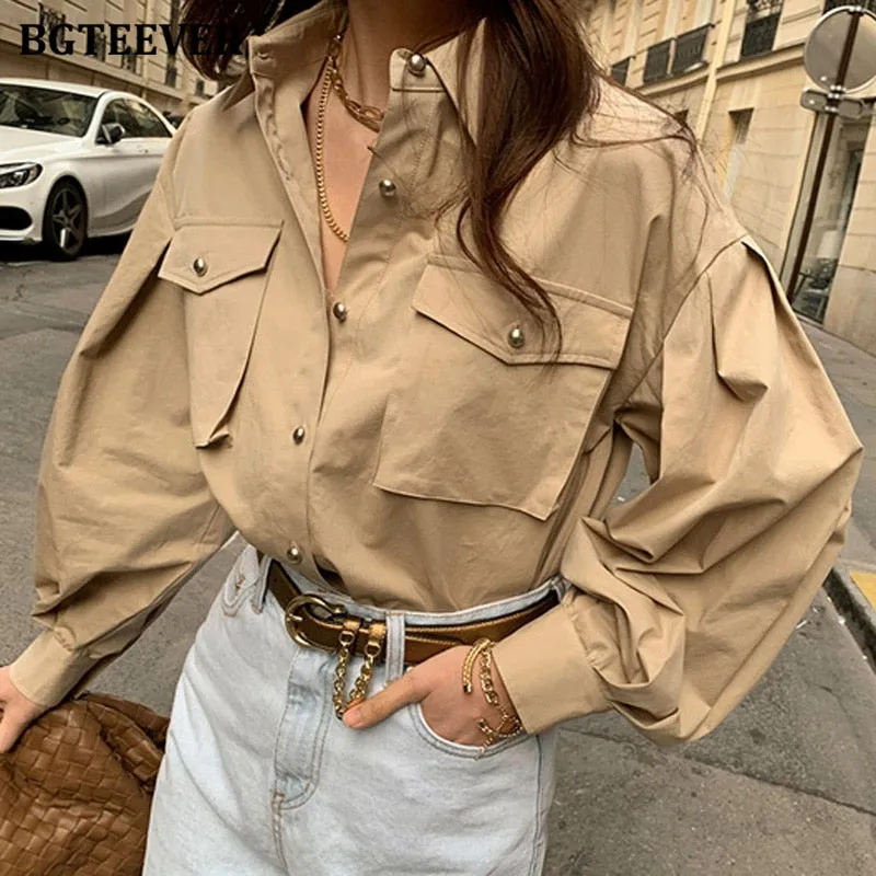 Chic Elegant Loose Single-breasted Shirts for Women 2022 Autumn New Fashion Full Sleeve Pockets Female Blouse Tops