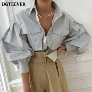 Chic Elegant Loose Single-breasted Shirts for Women 2022 Autumn New Fashion Full Sleeve Pockets Female Blouse Tops