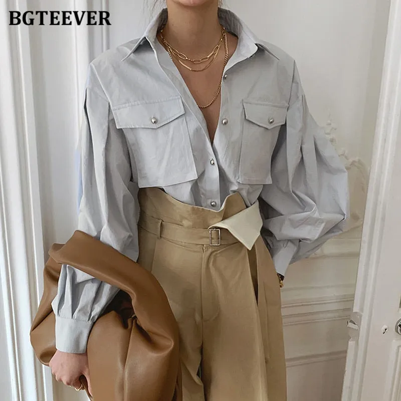 Chic Elegant Loose Single-breasted Shirts for Women 2022 Autumn New Fashion Full Sleeve Pockets Female Blouse Tops