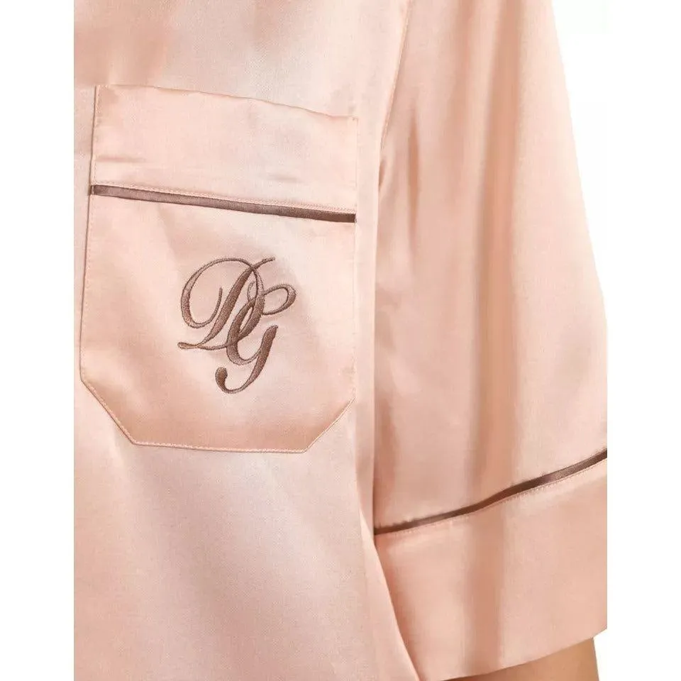 Dolce & Gabbana Pink Silk Long Sleeves Logo Pajama Blouse Top