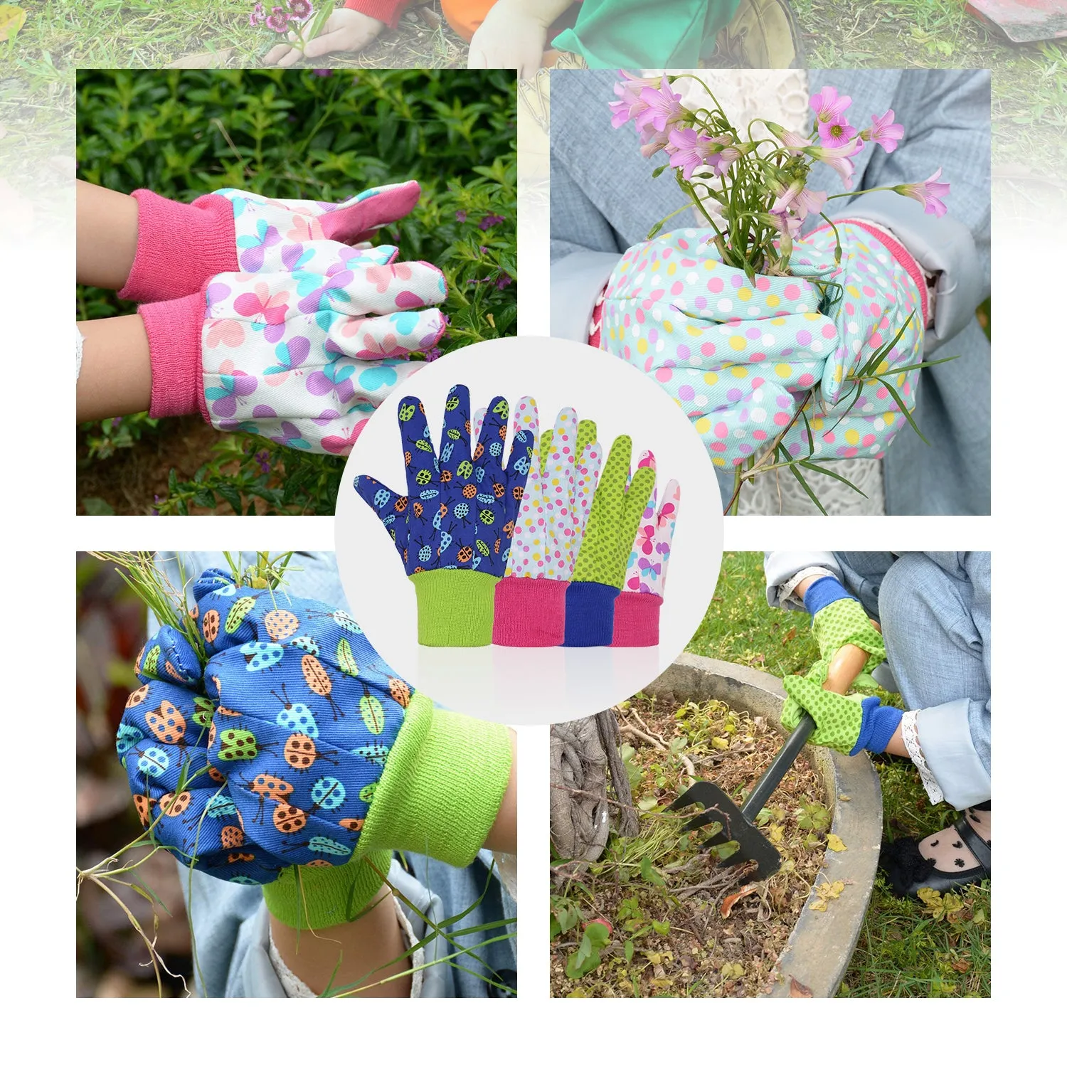 Handlandy 3 Pairs Kids Children Garden Gloves Cotton Dot 5095