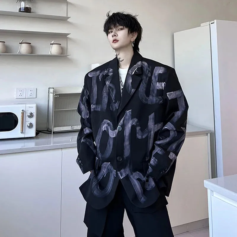 Korean Style Men Suit Coat Trend Summer Autumn Printing Letter Pattern Casual Blazers Personality Male Clothing 9C1870