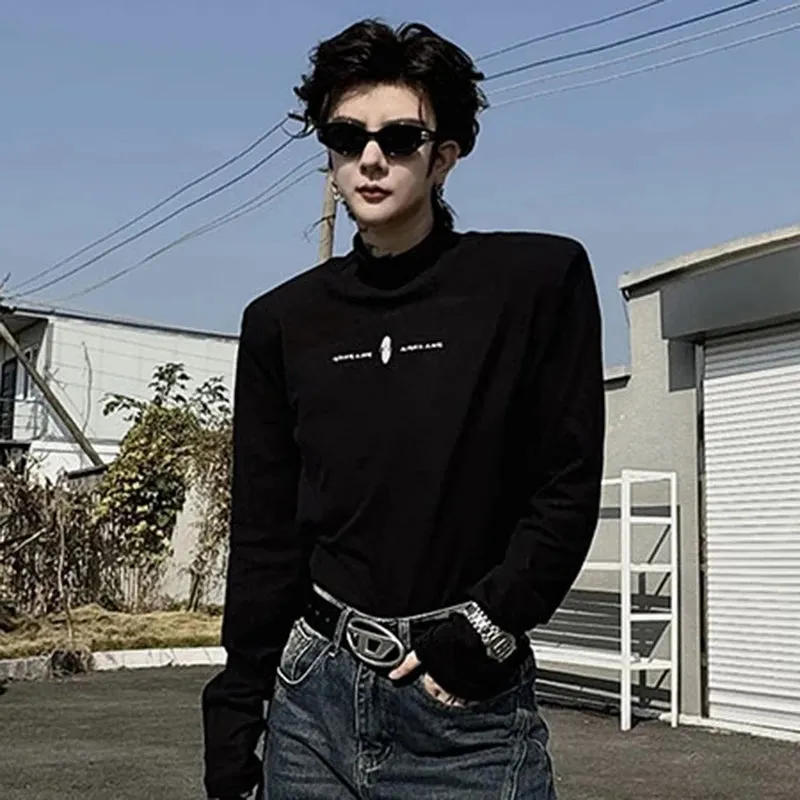 Letter Design Male T-shirt Causal Mock Neck Solid Color Men's Pullover Tops Chic Trendy Men Clothing Spring 9C4150