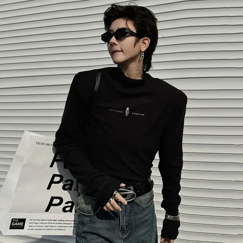 Letter Design Male T-shirt Causal Mock Neck Solid Color Men's Pullover Tops Chic Trendy Men Clothing Spring 9C4150