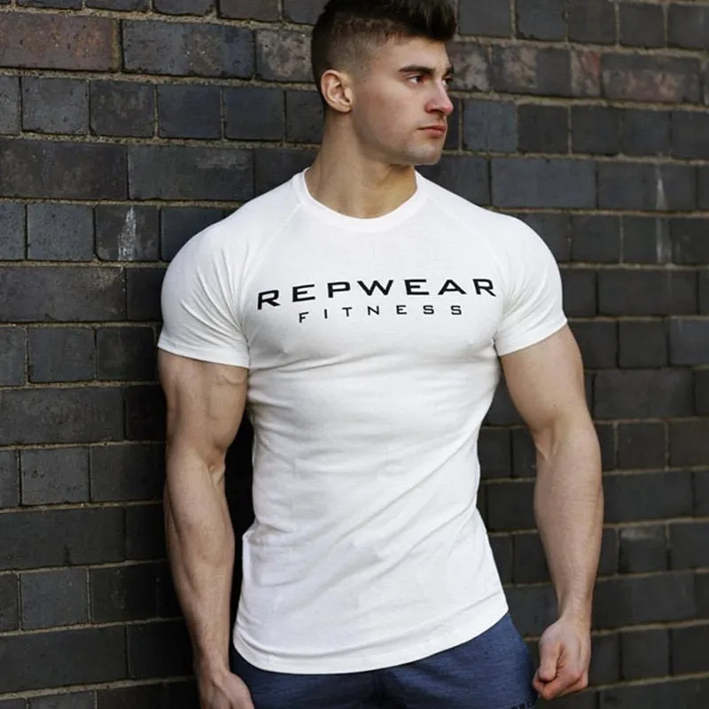 Men Cotton Short Sleeve T-shirt Summer Gym Fitness Bodybuilding Skinny Shirt Male Black Print Tees Tops Casual Fashion Clothing