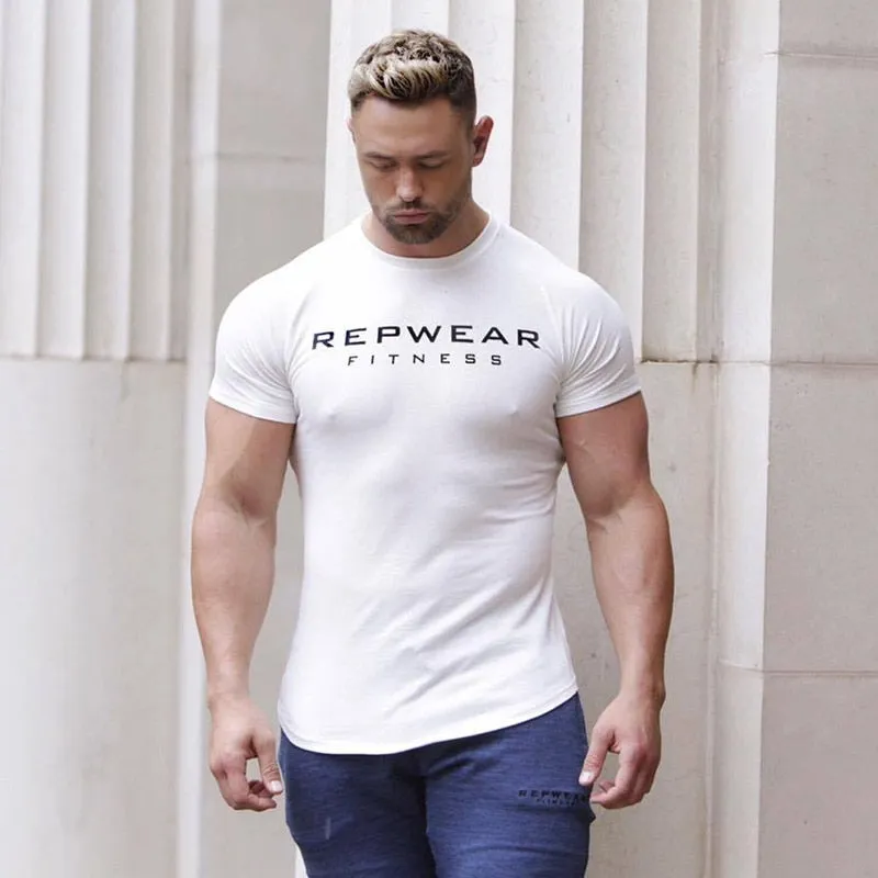 Men Cotton Short Sleeve T-shirt Summer Gym Fitness Bodybuilding Skinny Shirt Male Black Print Tees Tops Casual Fashion Clothing