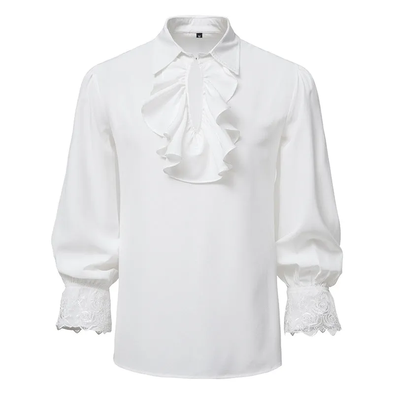 Men Ruffles Embroidery Turnover Collar Long Sleeves Shirt