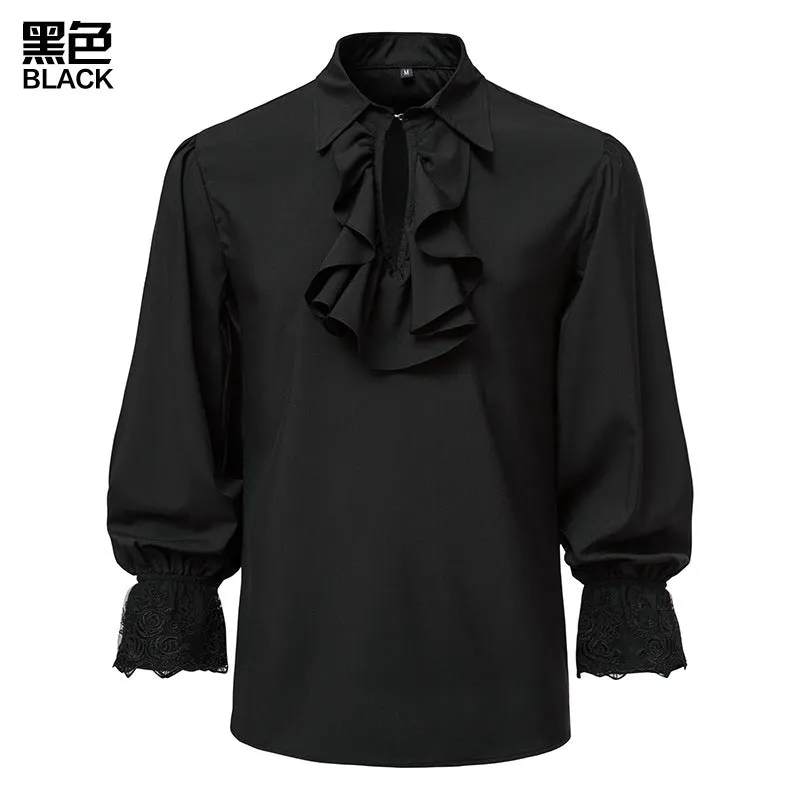 Men Ruffles Embroidery Turnover Collar Long Sleeves Shirt