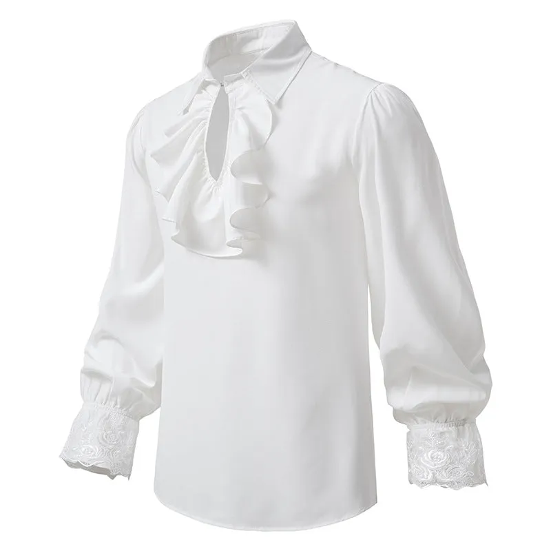 Men Ruffles Embroidery Turnover Collar Long Sleeves Shirt