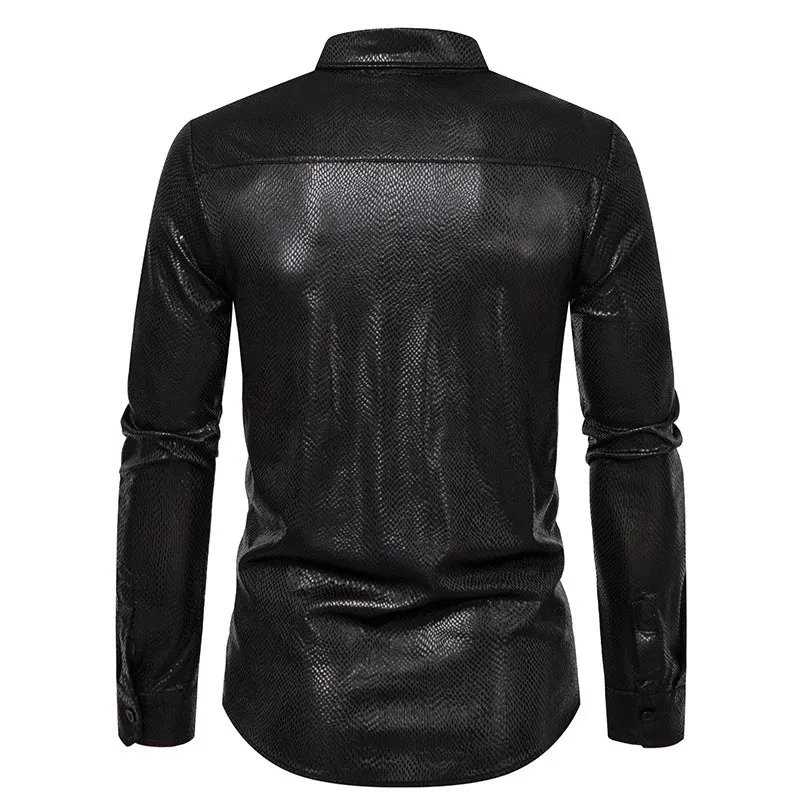 Men Snakes Patterns Glossy Turnover Collar Long Sleeves Shirt