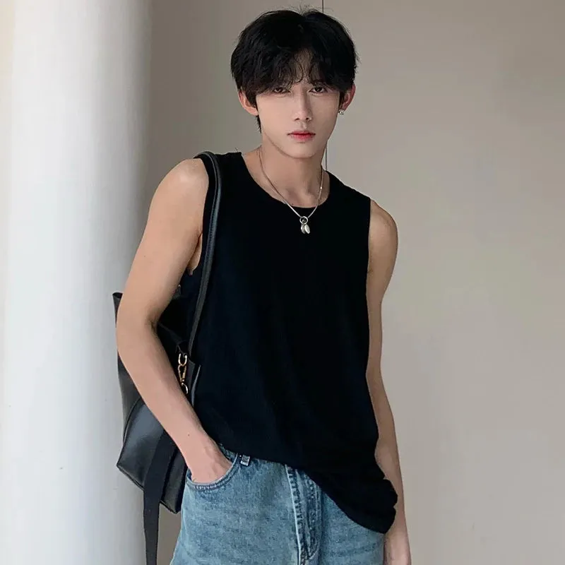 Men's Vest T-shirt Simple Round Collar Solid Color Male Sleeveless Tops Casual Men Clothing Spring Fashion 9C4912