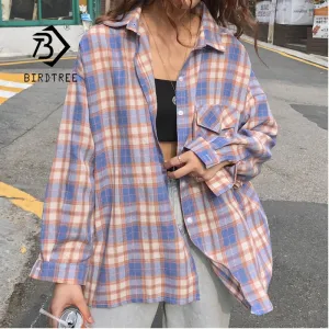 New Arrival Women Vintage Plaid Oversized Blouse Batwing Sleeve Turn Down Collar Purple Shirt Button Up Casual Tops T04001F