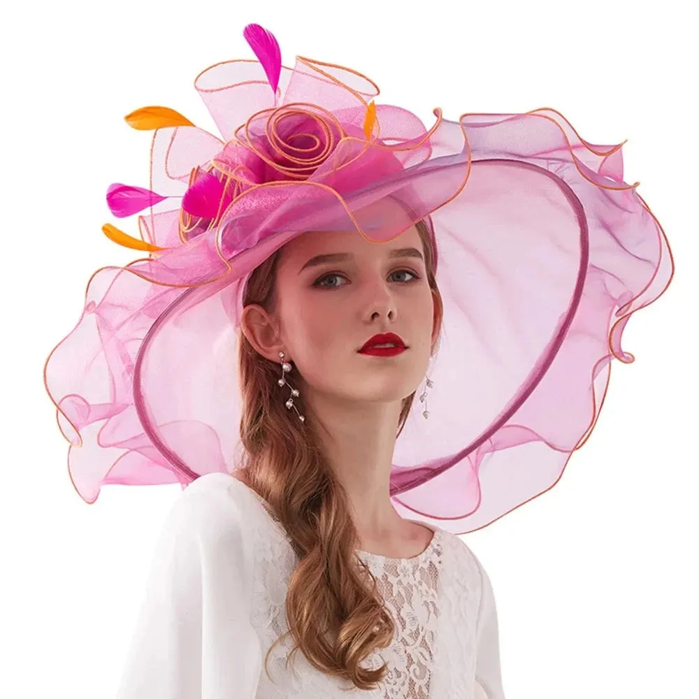 Organza Kentucky Derby Hats For Women Wedding Bride Wide Brim Hats