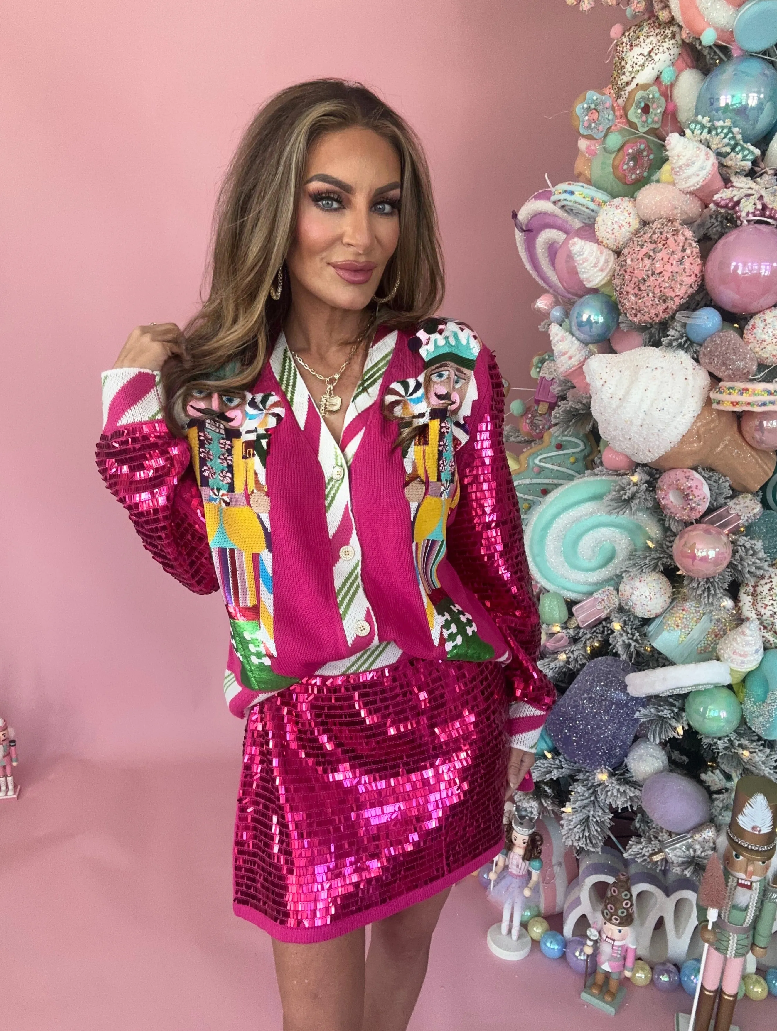 Queen Of Sparkles Hot Pink Peppermint Nutcracker Shard Sequin Sleeve Cardigan