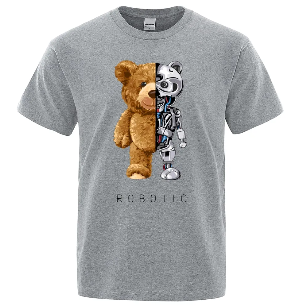 Robotic Bear Men Short Sleeve Fashion Casual Clothing Summer Cotton Tees Oversized Street T-Shirts