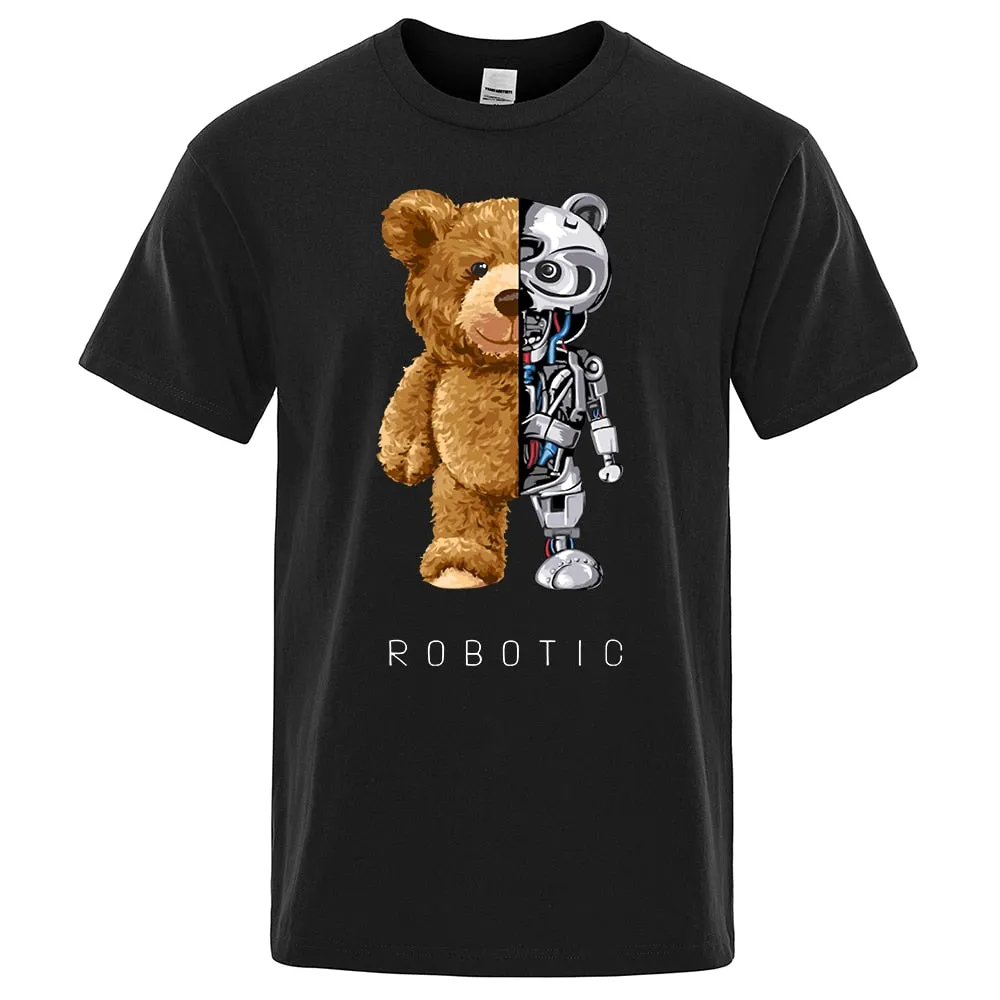 Robotic Bear Men Short Sleeve Fashion Casual Clothing Summer Cotton Tees Oversized Street T-Shirts