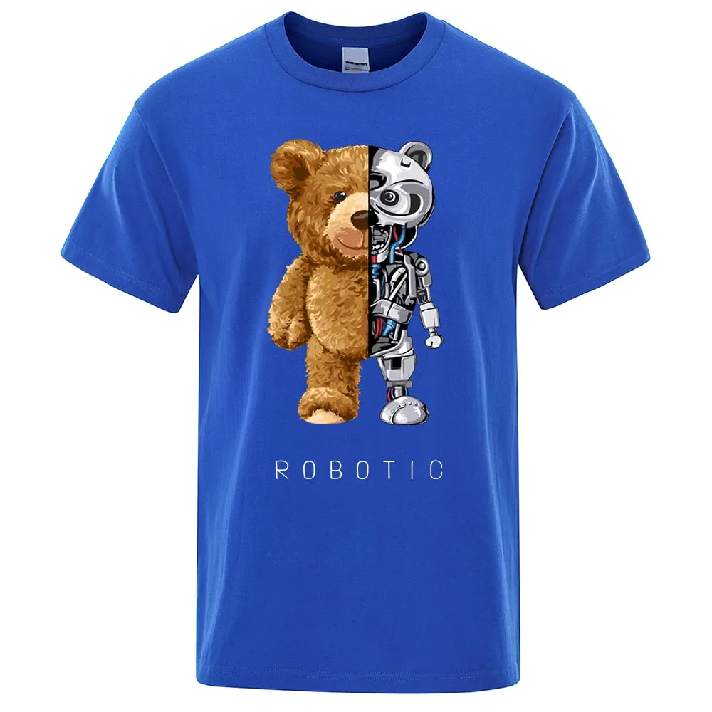 Robotic Bear Men Short Sleeve Fashion Casual Clothing Summer Cotton Tees Oversized Street T-Shirts