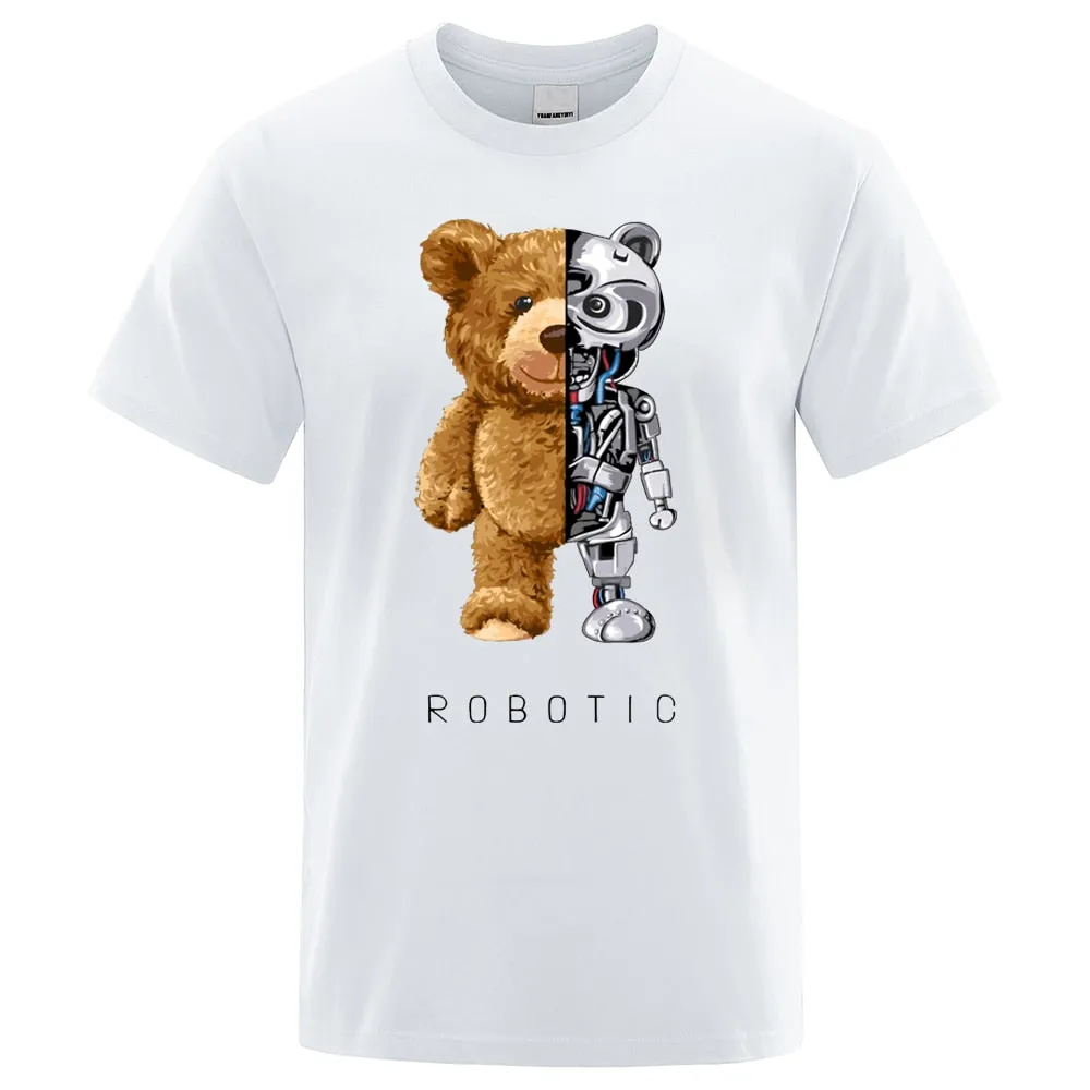 Robotic Bear Men Short Sleeve Fashion Casual Clothing Summer Cotton Tees Oversized Street T-Shirts