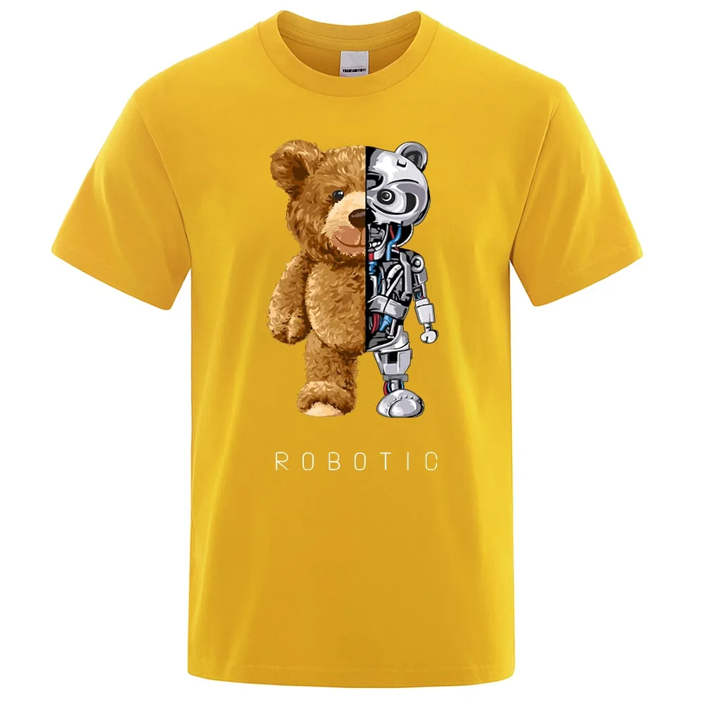 Robotic Bear Men Short Sleeve Fashion Casual Clothing Summer Cotton Tees Oversized Street T-Shirts