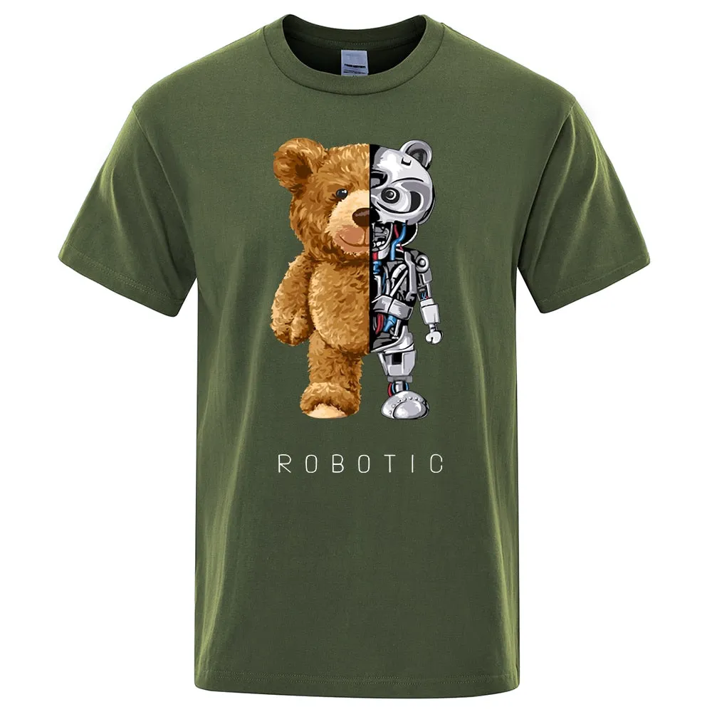 Robotic Bear Men Short Sleeve Fashion Casual Clothing Summer Cotton Tees Oversized Street T-Shirts