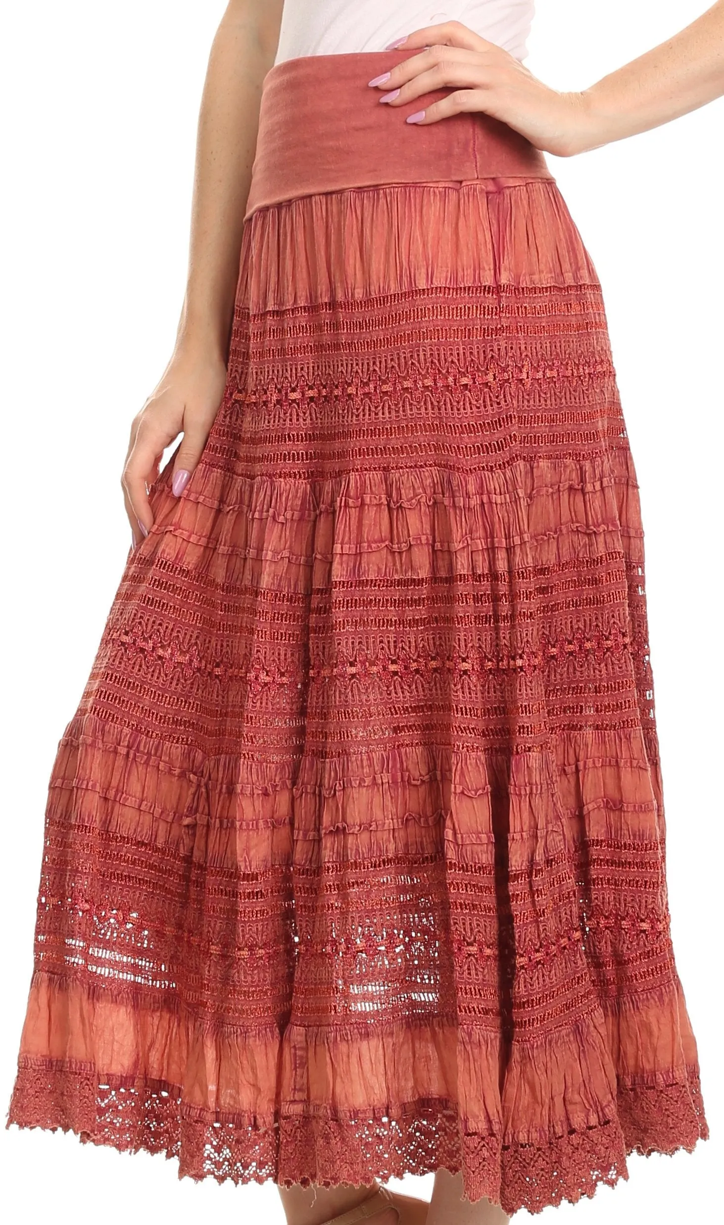 Sakkas Dollra Long Tall Crochet Embroidered Adjustable Waist Ruffle Flare Skirt