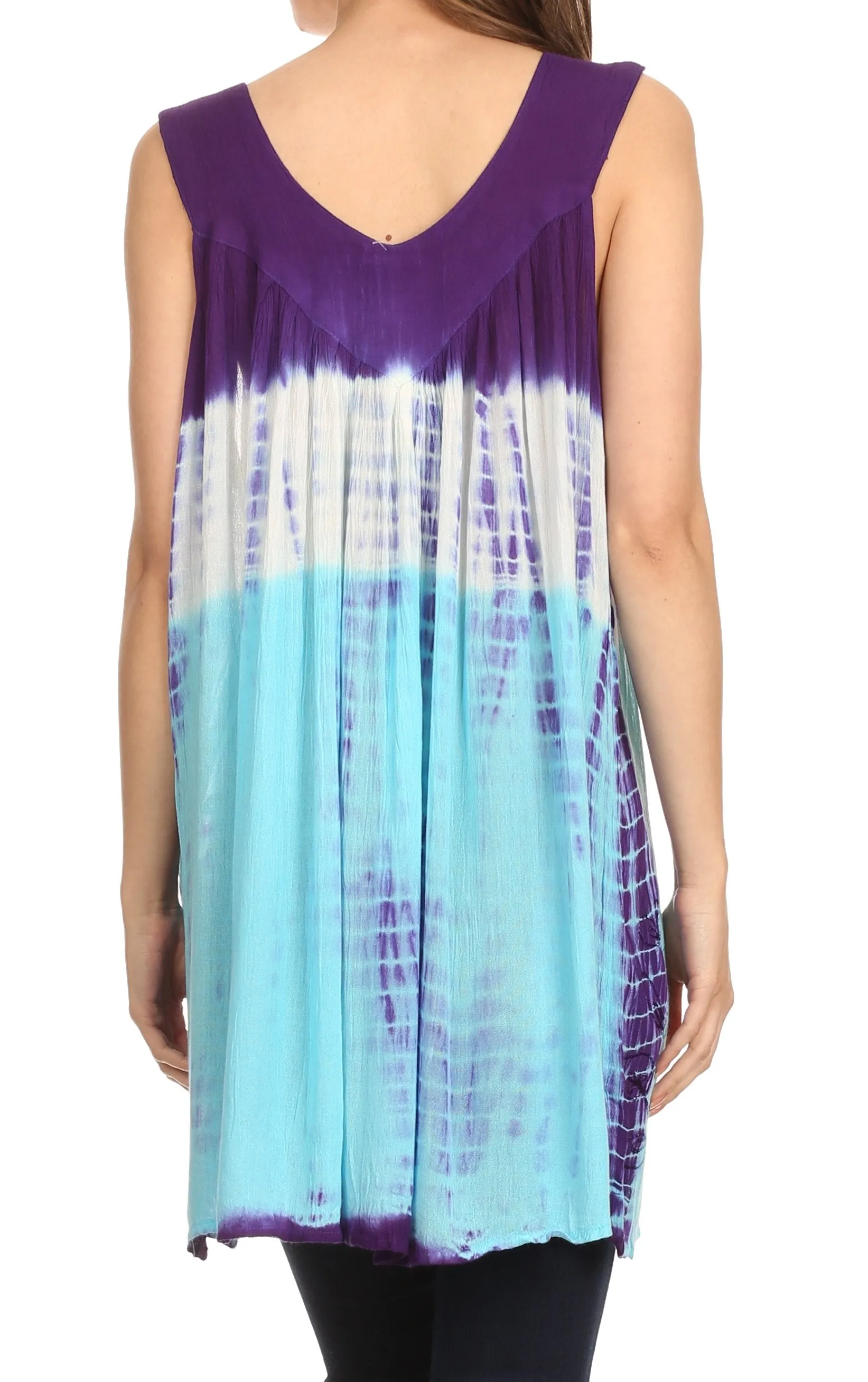 Sakkas Mariah Tie Dye Embroidered Sleeveless V-neck Relaxed Fit Tank / Blouse