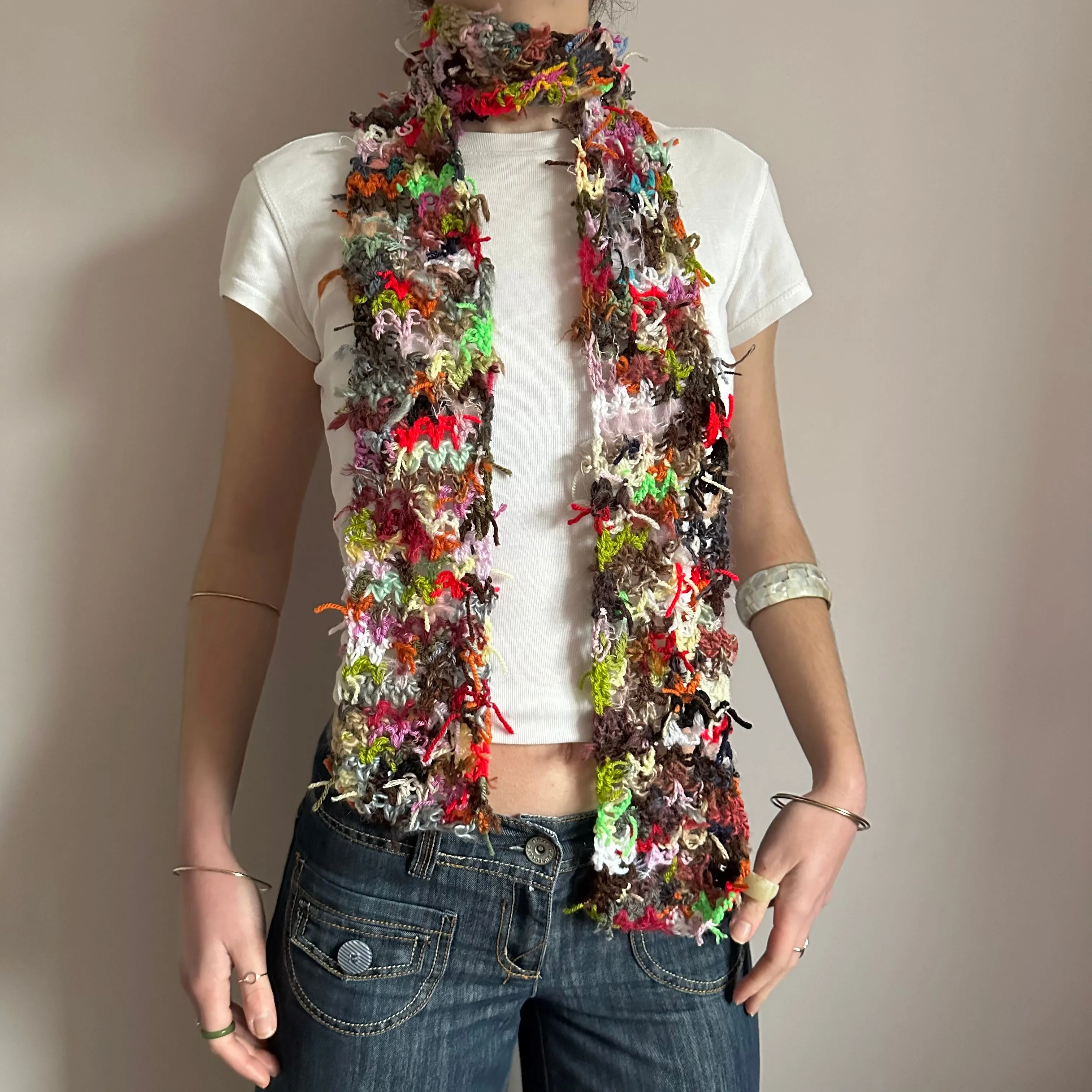 Scrappy skinny scarf #1 - handmade from leftover yarn scraps