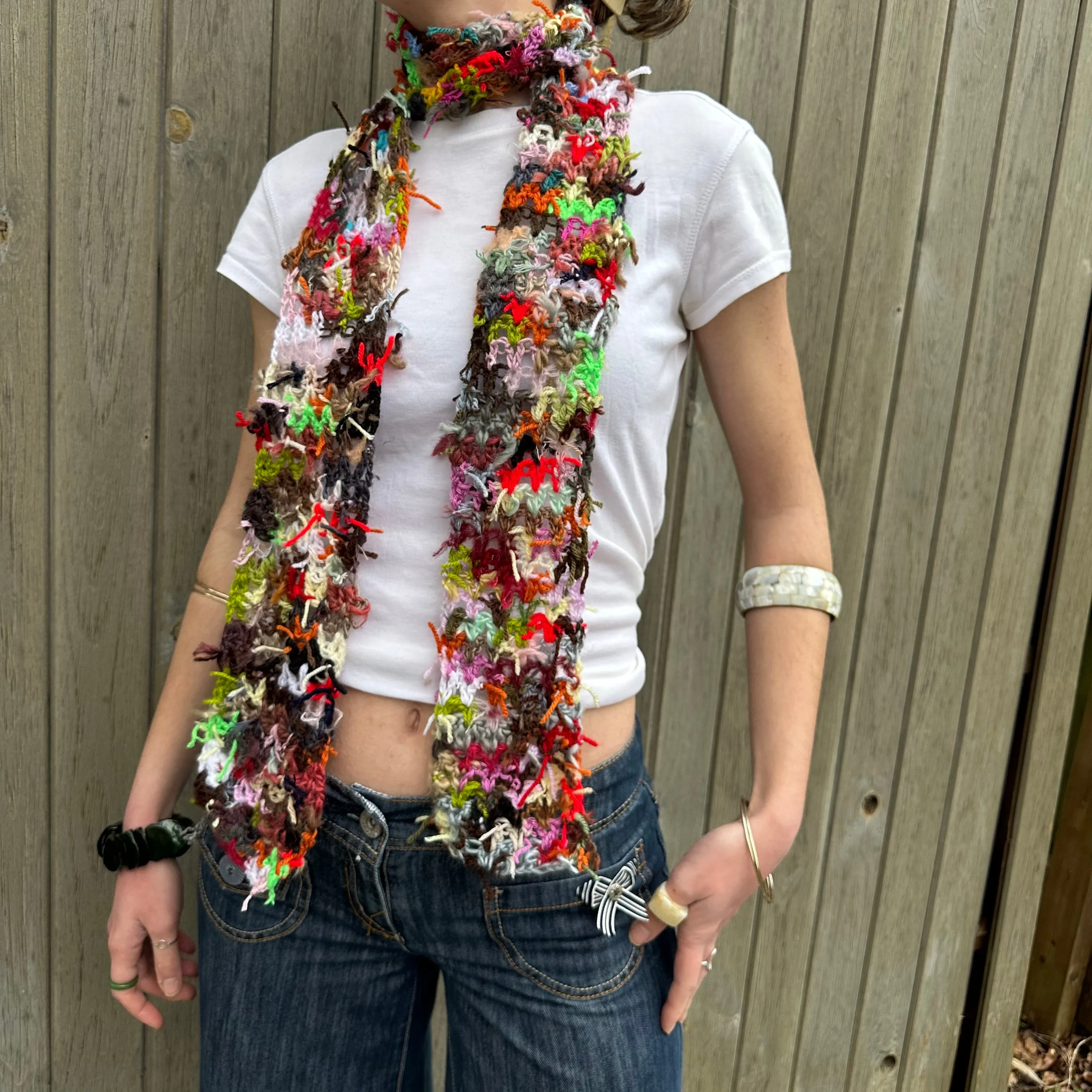 Scrappy skinny scarf #1 - handmade from leftover yarn scraps