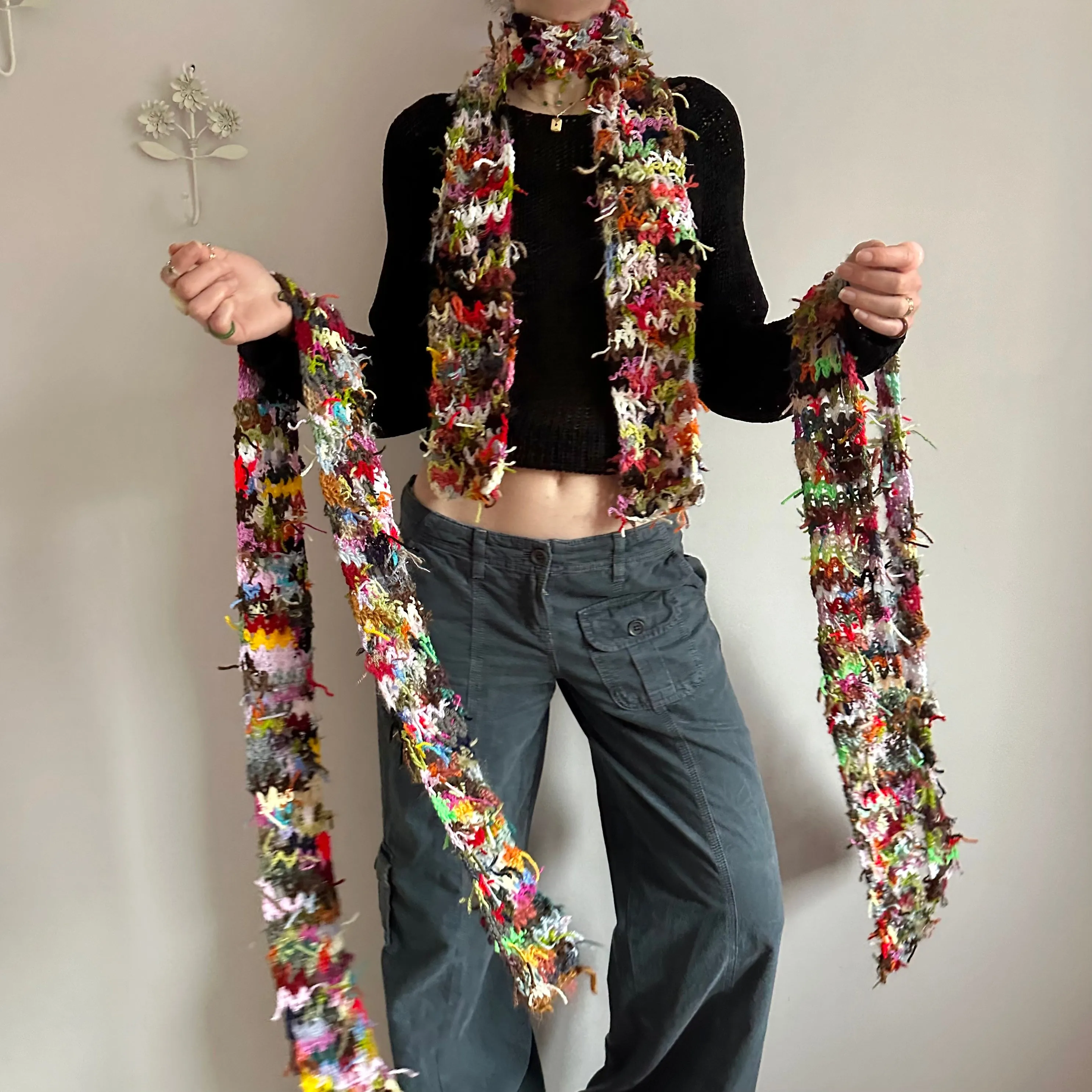 Scrappy skinny scarf #1 - handmade from leftover yarn scraps