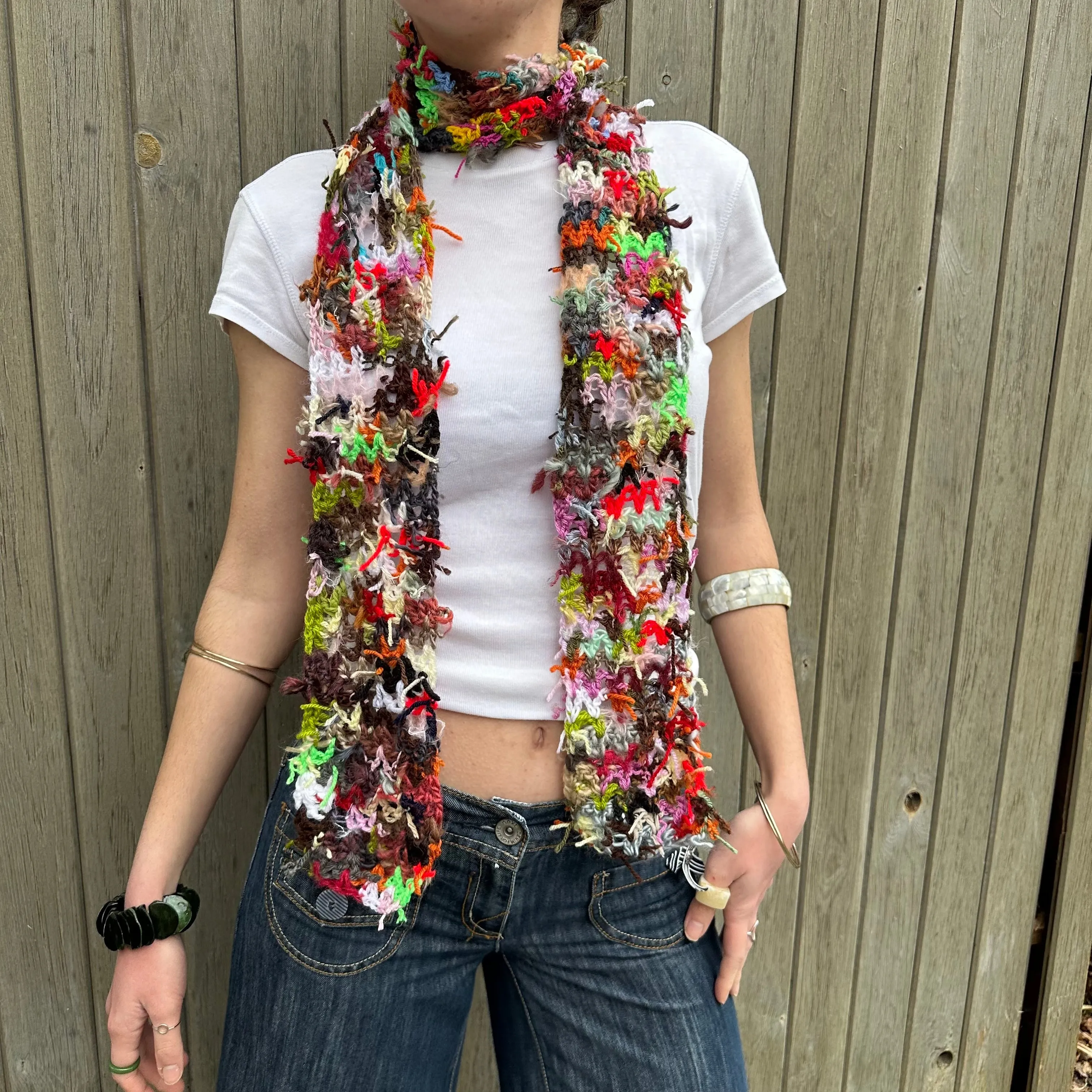 Scrappy skinny scarf #1 - handmade from leftover yarn scraps