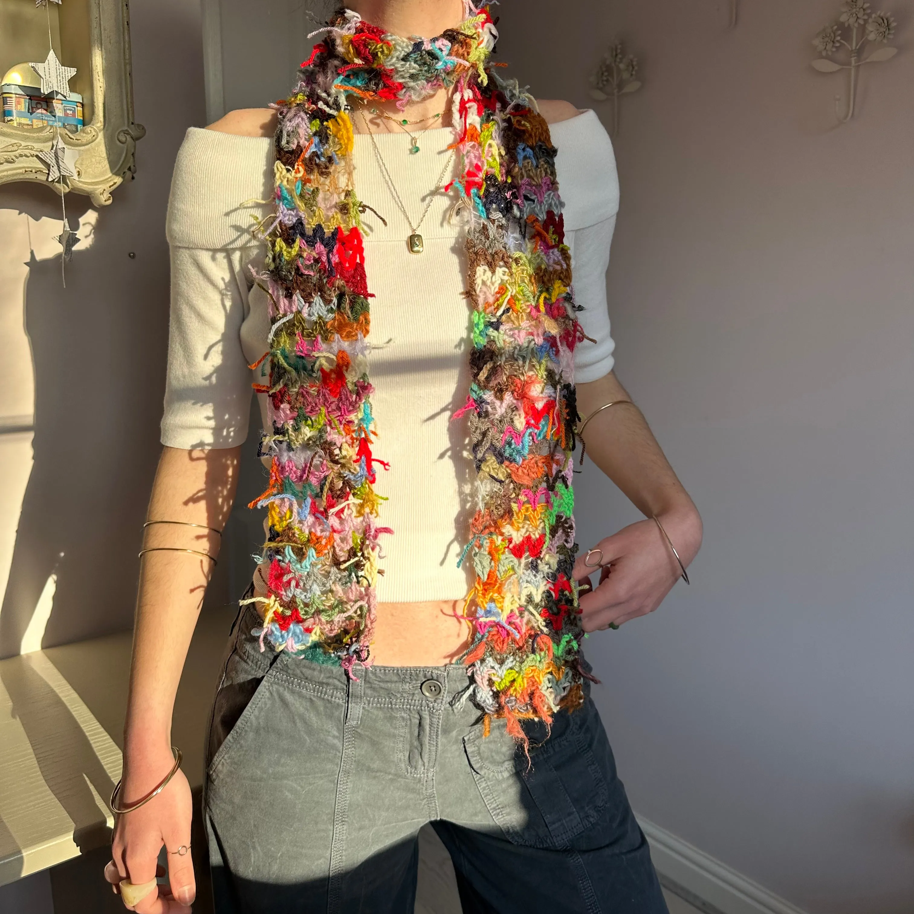 Scrappy skinny scarf #2 - handmade from leftover yarn scraps