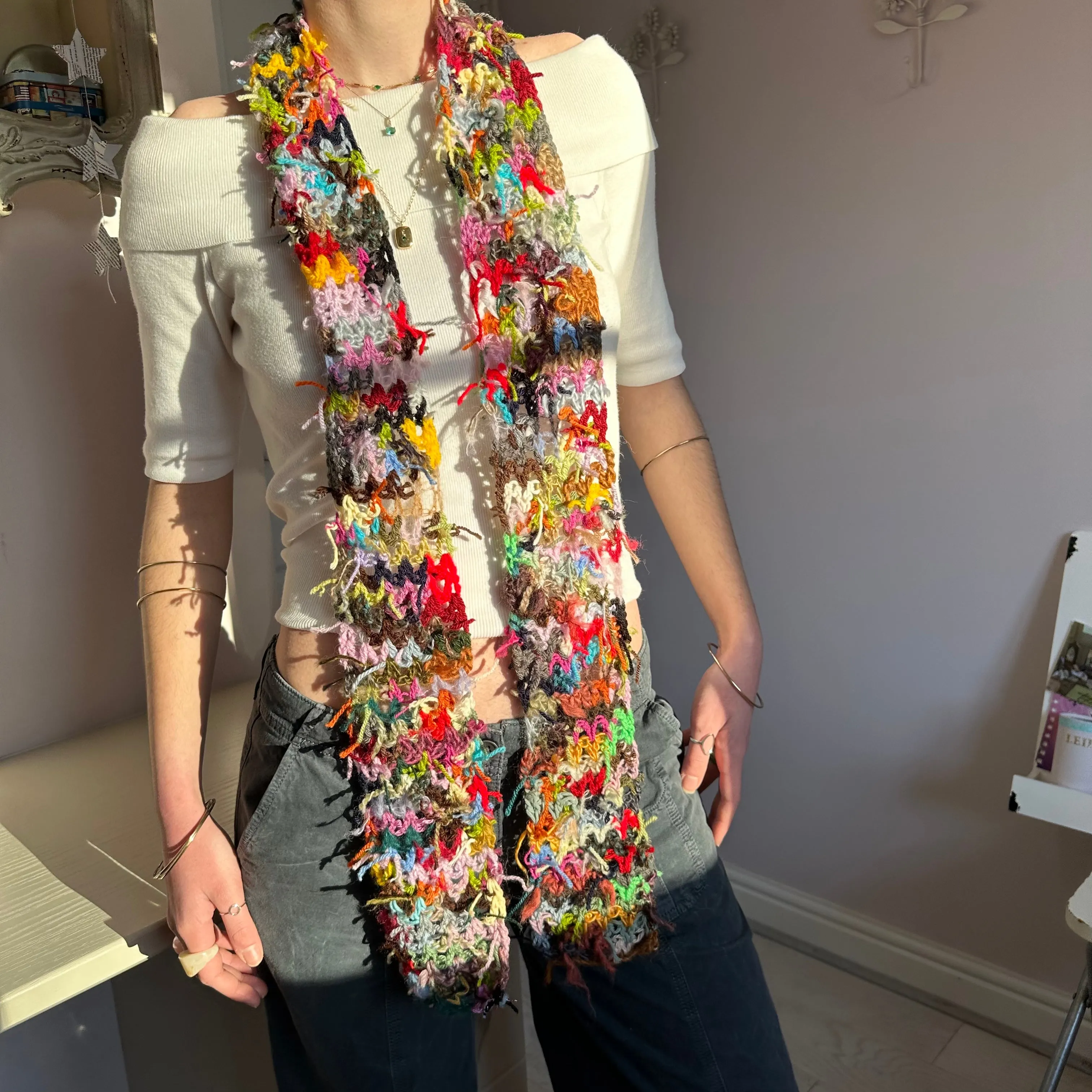 Scrappy skinny scarf #2 - handmade from leftover yarn scraps