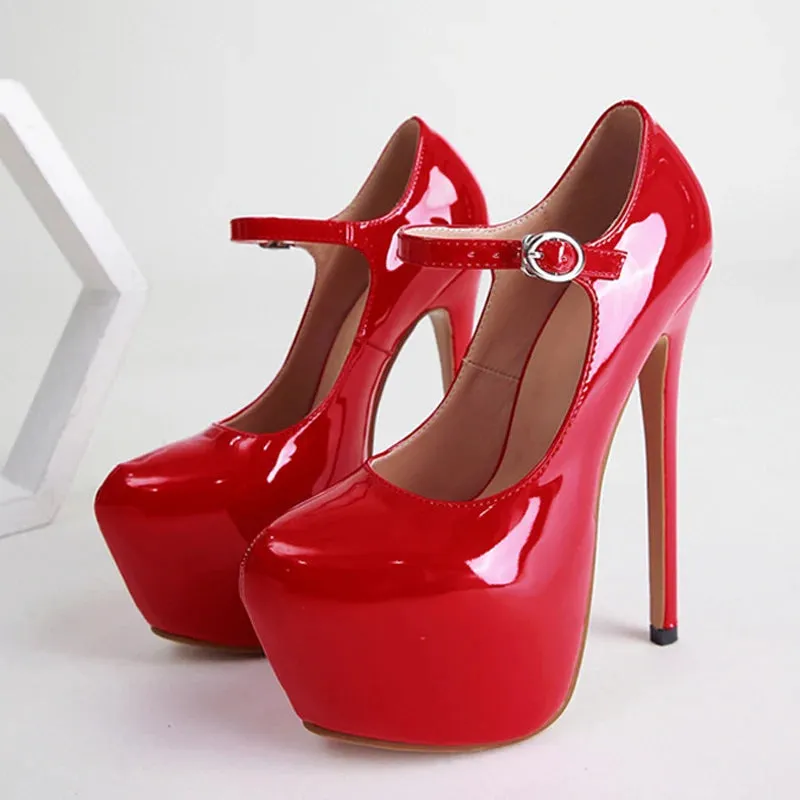 Sexy Red High Heels Platform Pumps 17cm Women Fashion Runway Patent Leather Round Toe Buckle Strap Party Wedding Stripper Shoes