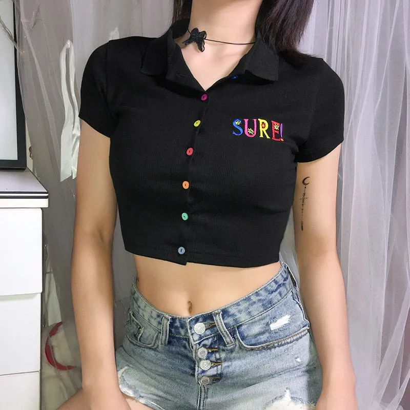 Sure Embroidered Colorful Button Crop Top Polo Tees