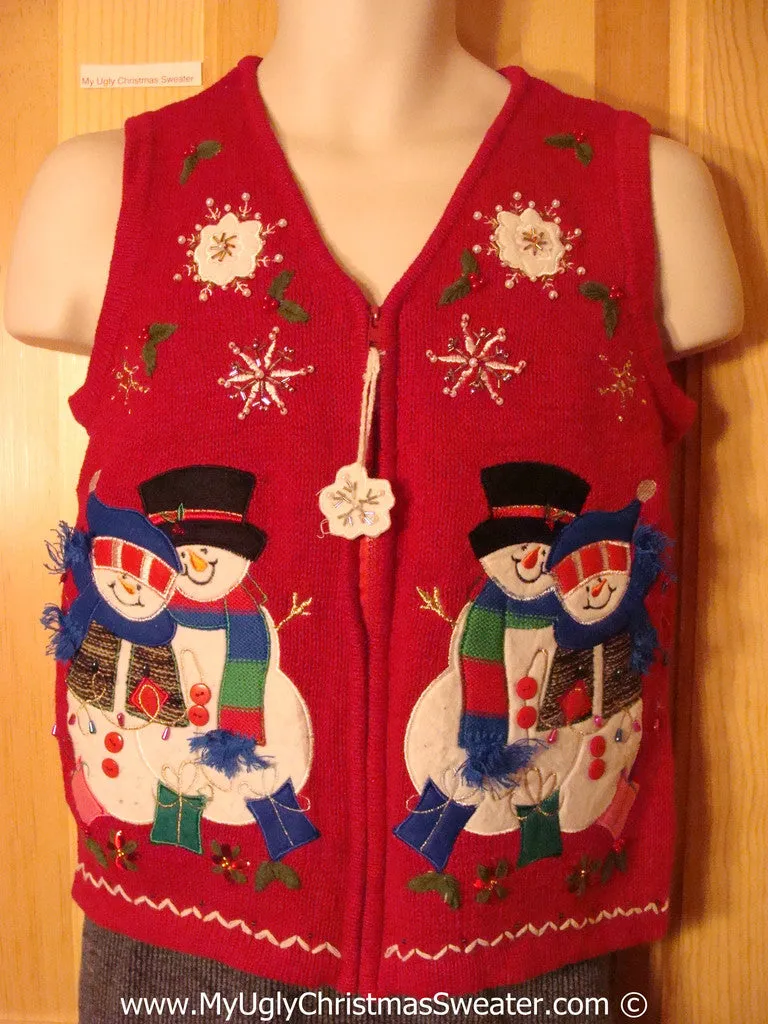 Tacky Cheesy Holiday Sweater Vest with Colorful Festive Snowman Friends and a Dangling Snowflake Zipper Pull  (f1182)