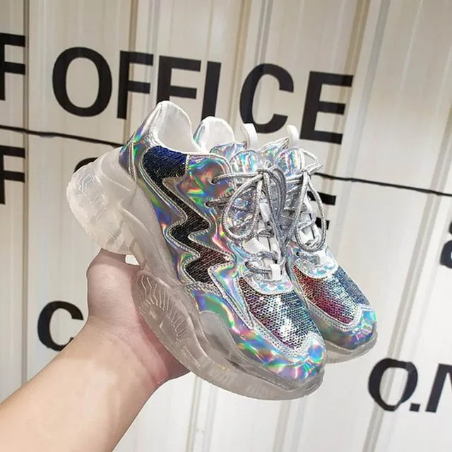 Transparent Sneakers Women Harajuku Ladies Platform Jelly Shoes Laser Casual Shoes Woman Shining Running Footwear